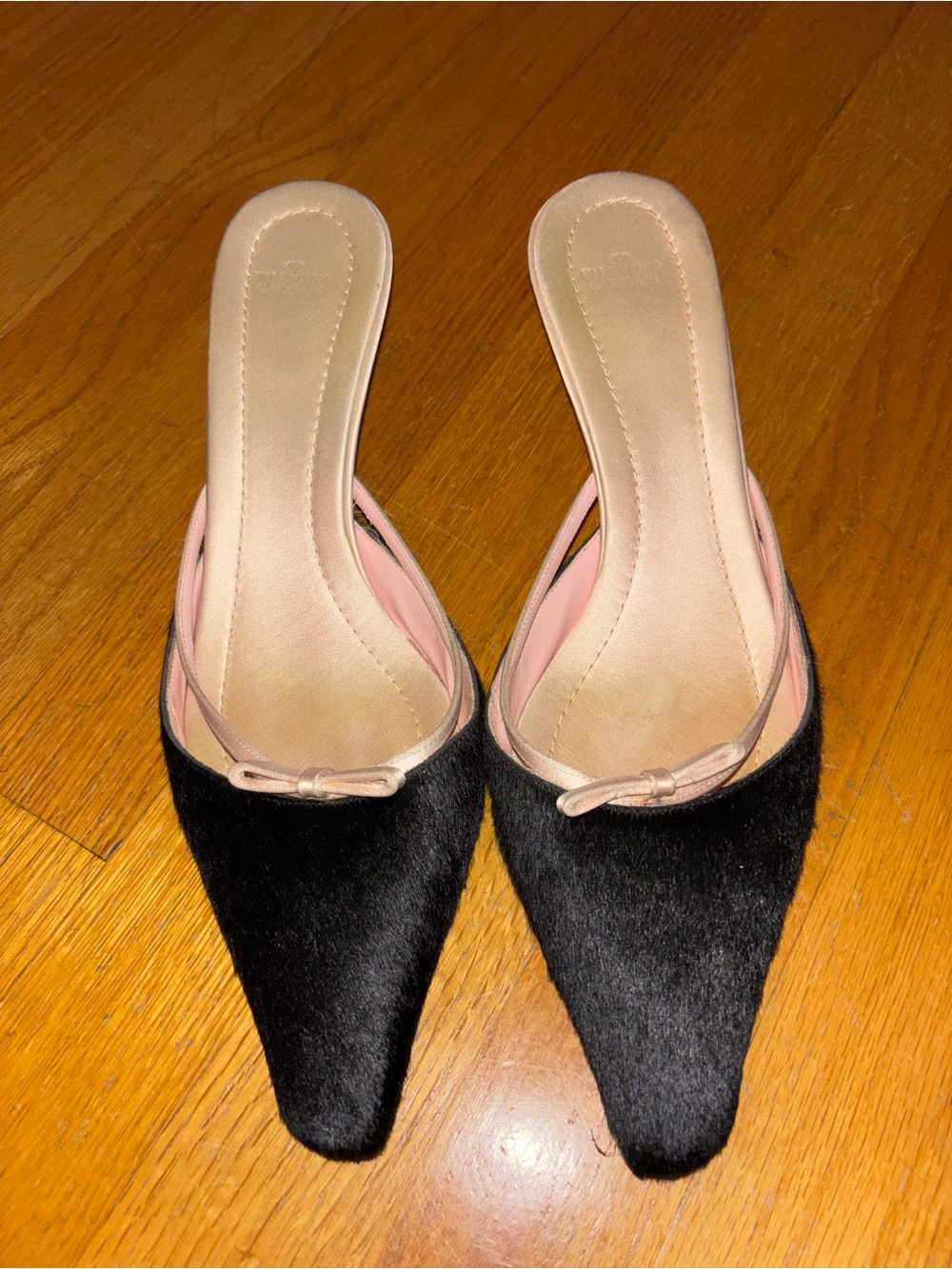 Valentino Black Hair Pointed Toe Mule with Pink Trim, Bow, Kitten Heel 39/9